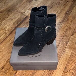 Crown Vintage Black Suede Studded Ankle Boots with Buckle